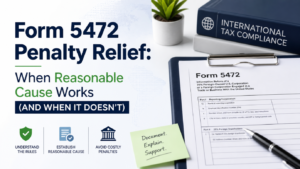 Form 5472 penalty relief via IRS reasonable-cause statement and voluntary catch-up filing